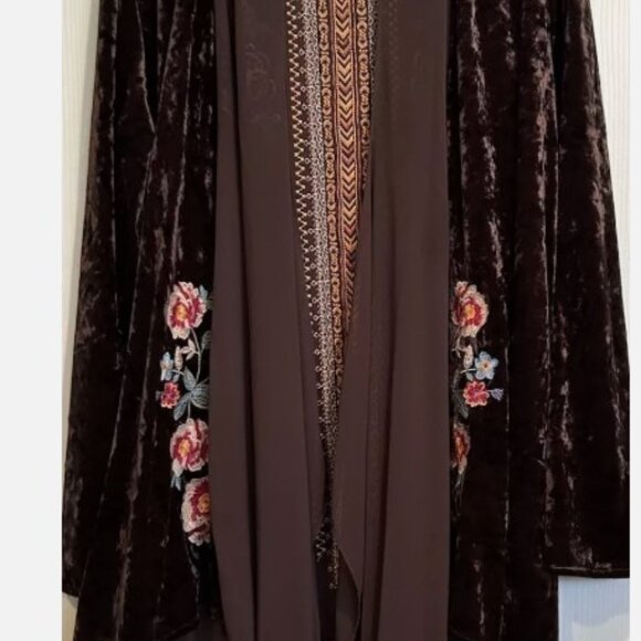 Andree By Unit Embroidered Floral Brown Crushed Velvet Boho Kimono Jacket Sz 1X - Picture 2 of 8